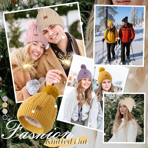 Women\'s Fleece Wool Lined Beige Beanie Winter Warm Snow Knit Cross Pom Hat Cap main image 7